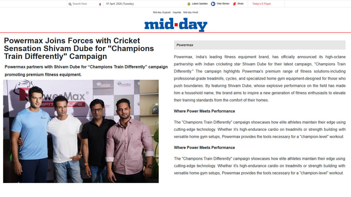 Powermax partners with Shivam Dube for “Champions Train Differently” campaign promoting premium fitness equipment.