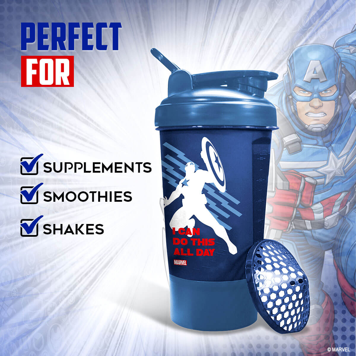 buy powermax x marvel msb-6s-ca-blue (600ml) captain america marvel edition protein shaker bottle with single storage