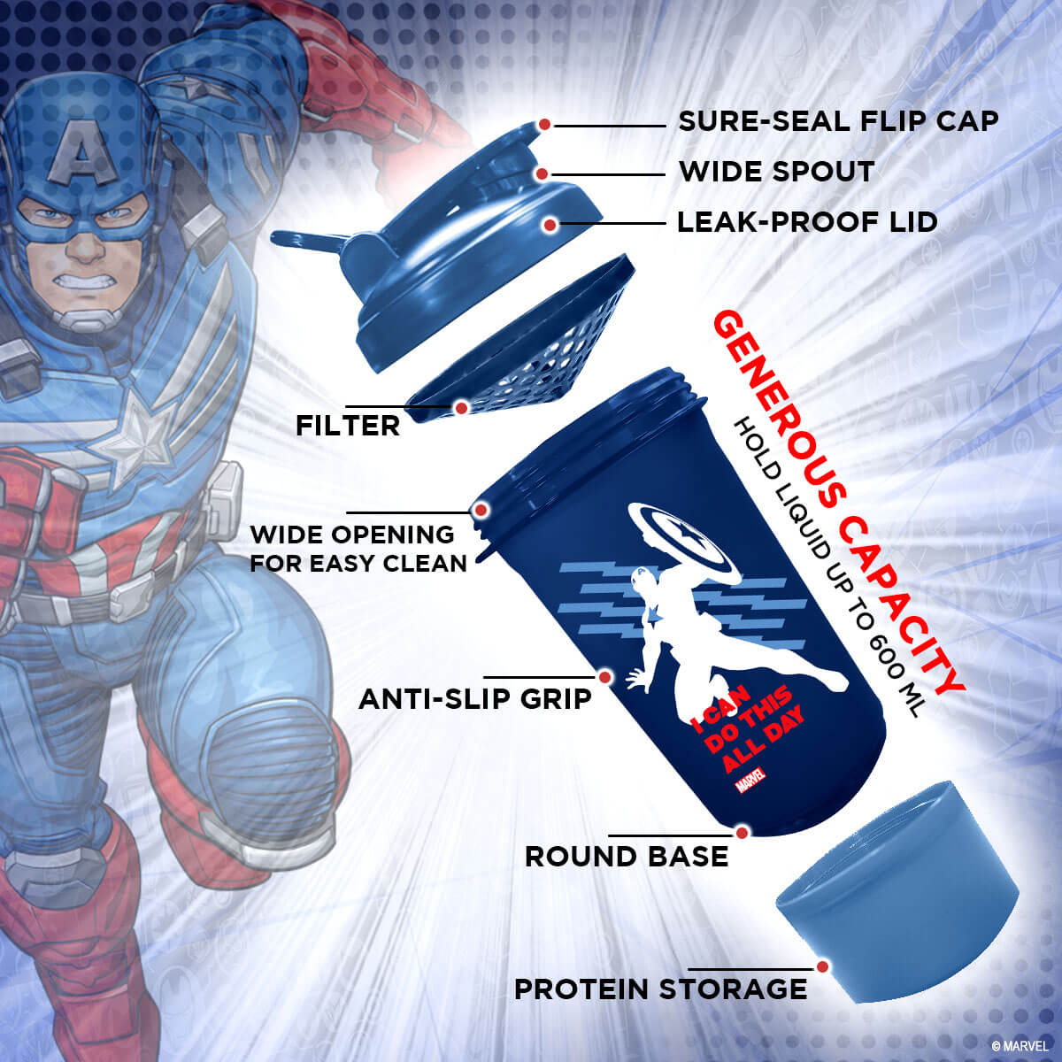 buy powermax x marvel msb-6s-ca-blue (600ml) captain america marvel edition protein shaker bottle with single storage