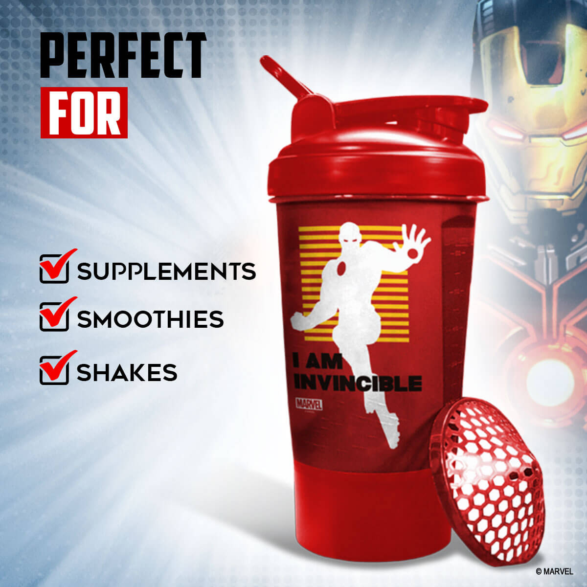 buy powermax x marvel msb-6s-im-red (600ml) ironman marvel edition protein shaker bottle with single storage