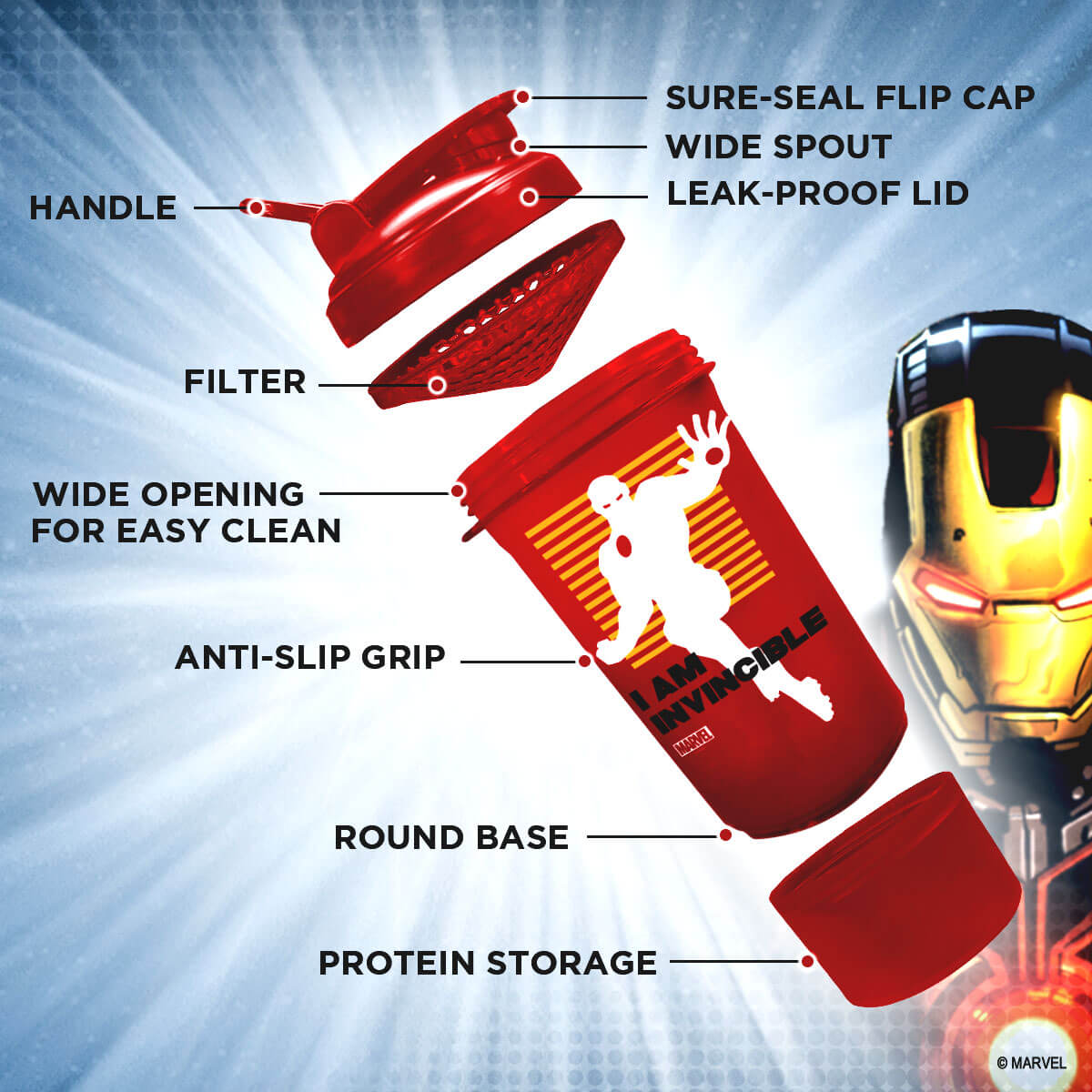 buy powermax x marvel msb-6s-im-red (600ml) ironman marvel edition protein shaker bottle with single storage