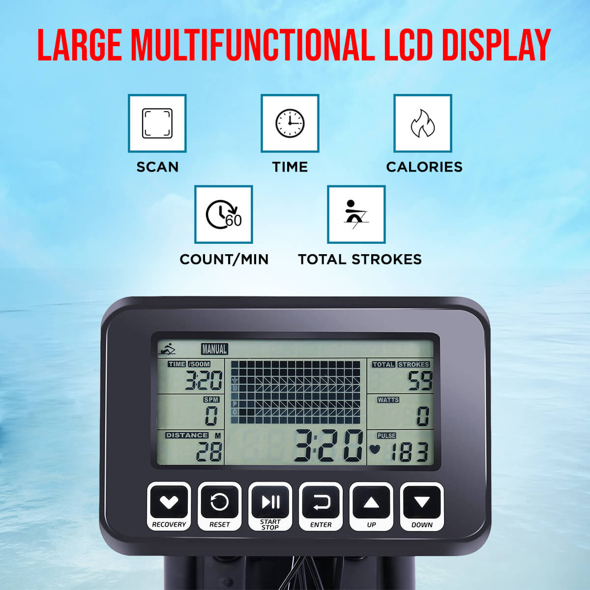 PowerMax Fitness RWC-1000 Water Rowing Machine with Digital Display for Semi-Commercial use