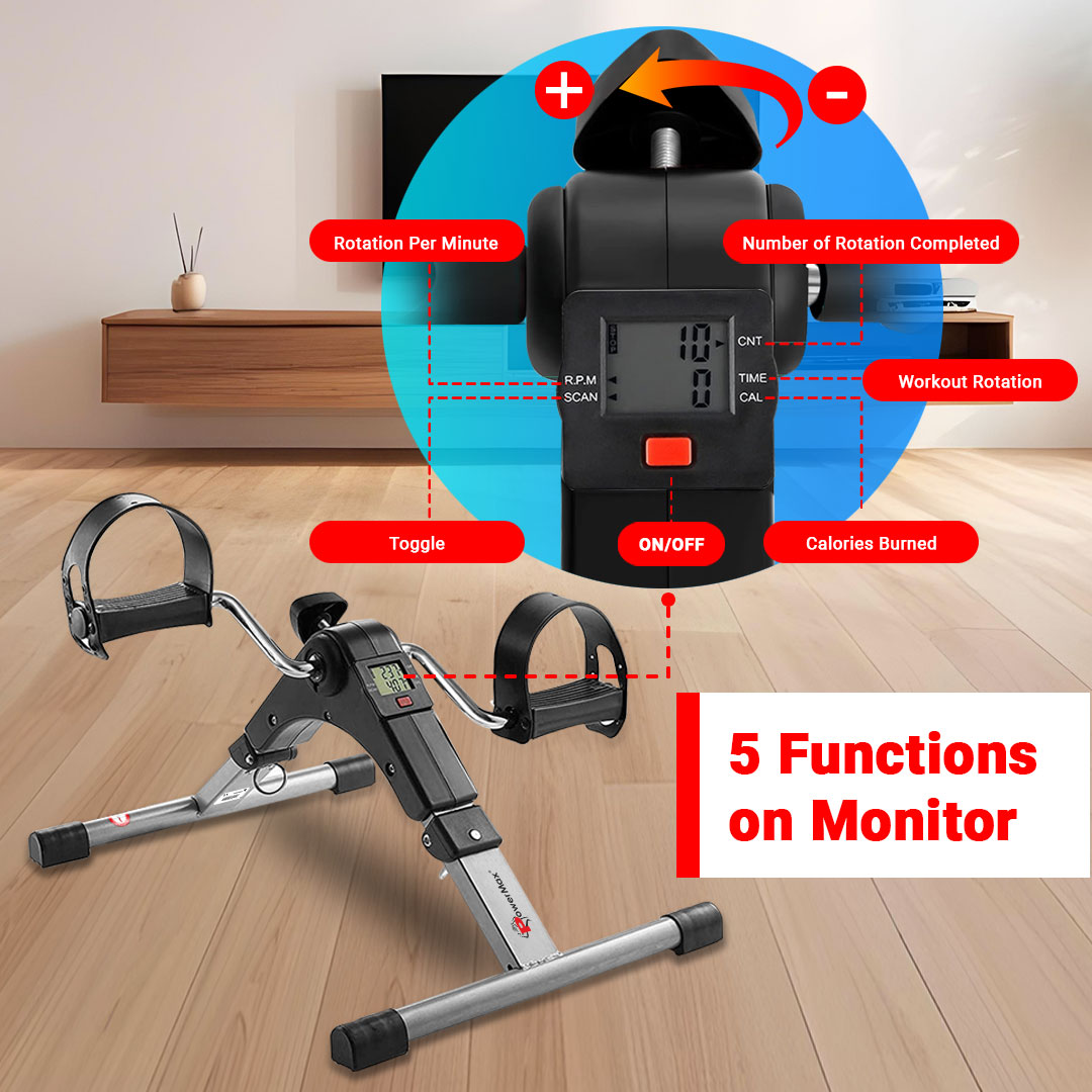 PowerMax Fitness BS-MINI Mini Cycle Pedal Exerciser with Adjustable Resistance and Digital Display - For Light Leg and Arm Exercise