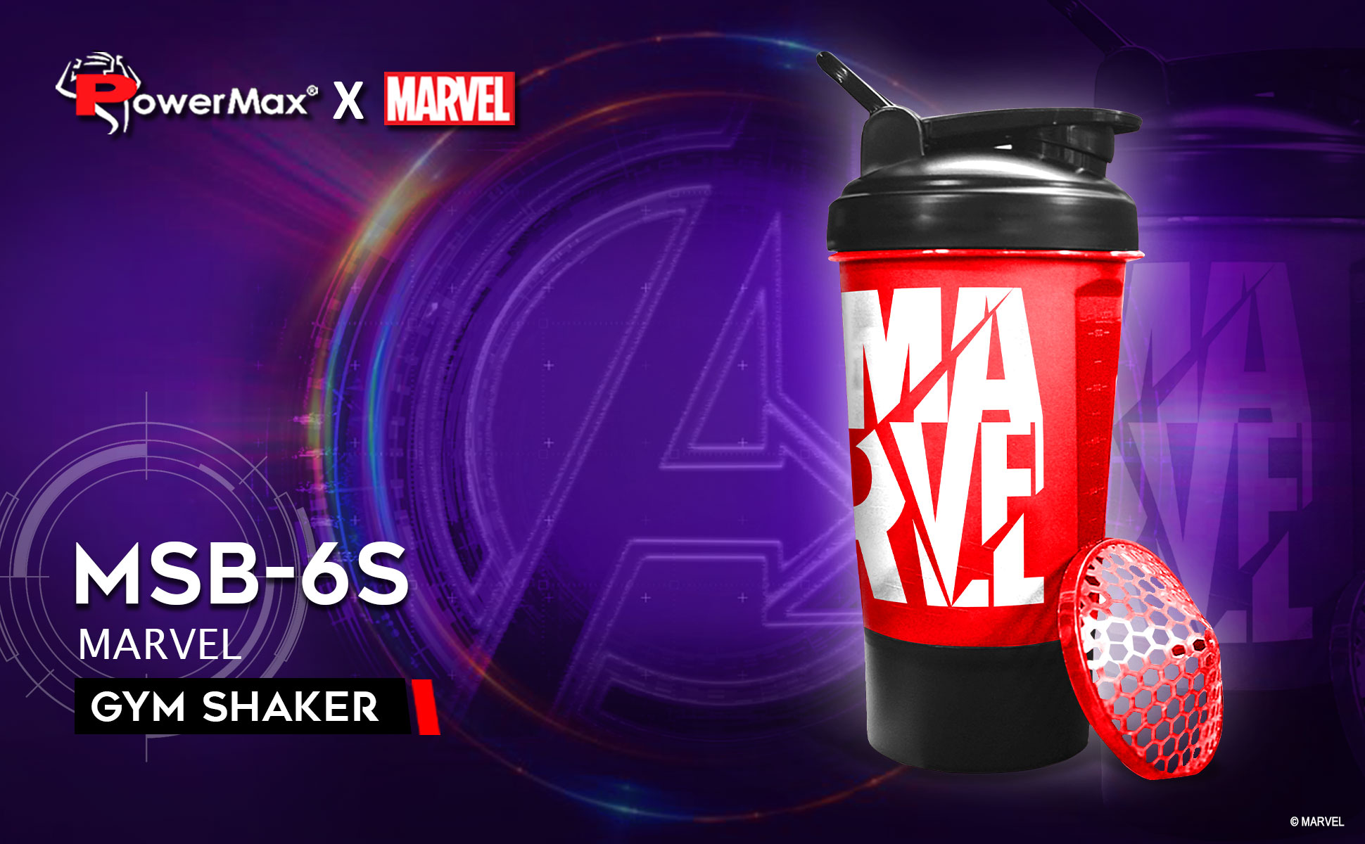 PowerMax x Marvel MSB-6S-M-RED (600ml) Marvel Protein Shaker Bottle with  Single Storage