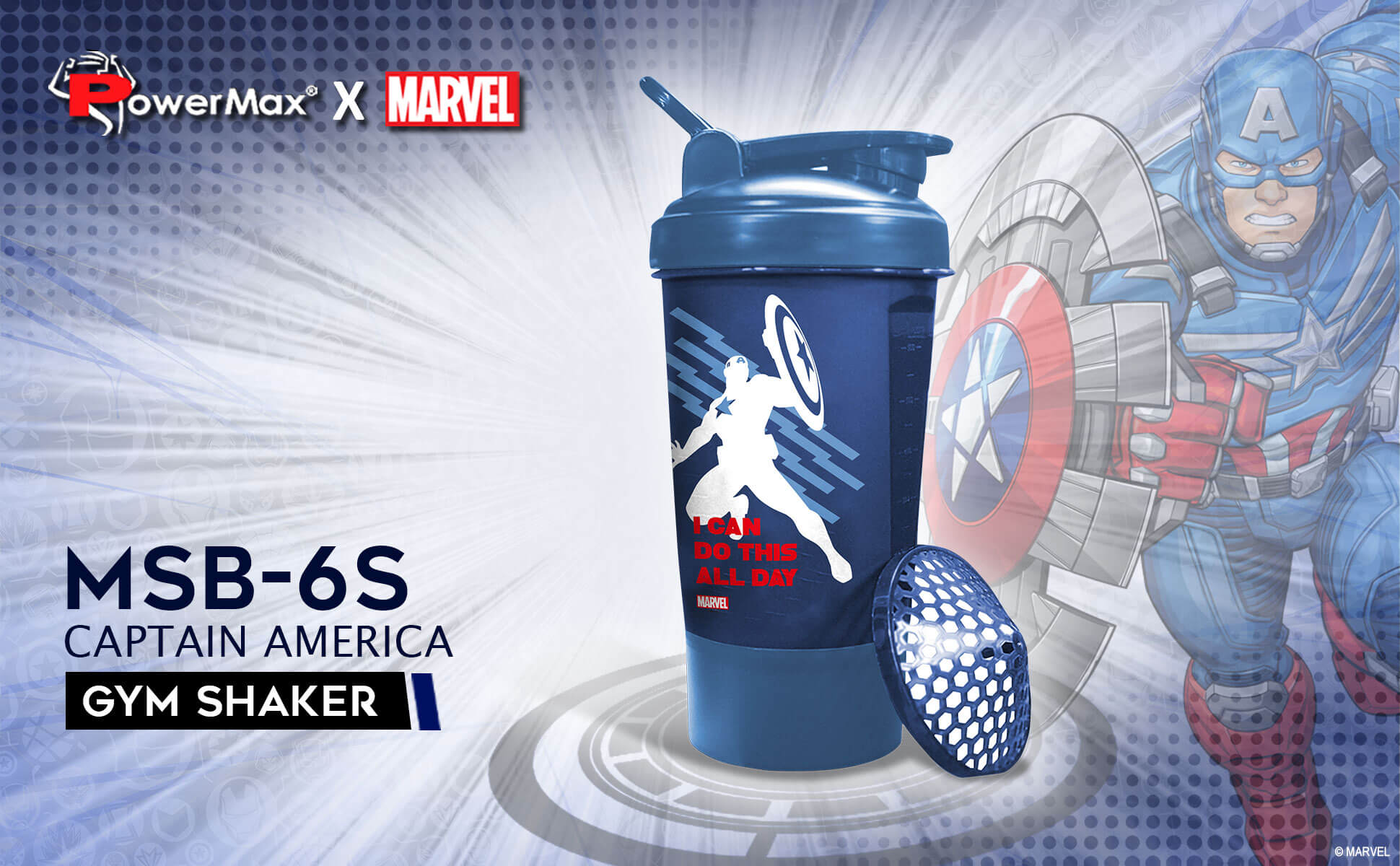 PowerMax x Marvel MSB-6S (600ml) Captain America Marvel Edition Protein Shaker  Bottle with Single Storage